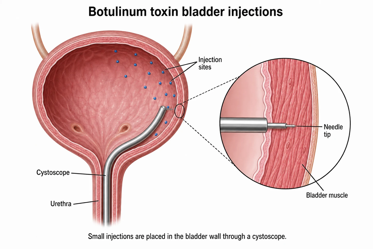 Cystoscope passing through the urethra into the bladder for botulinum toxin injections, with representative injection sites and a close-up of a needle ending within the bladder muscle