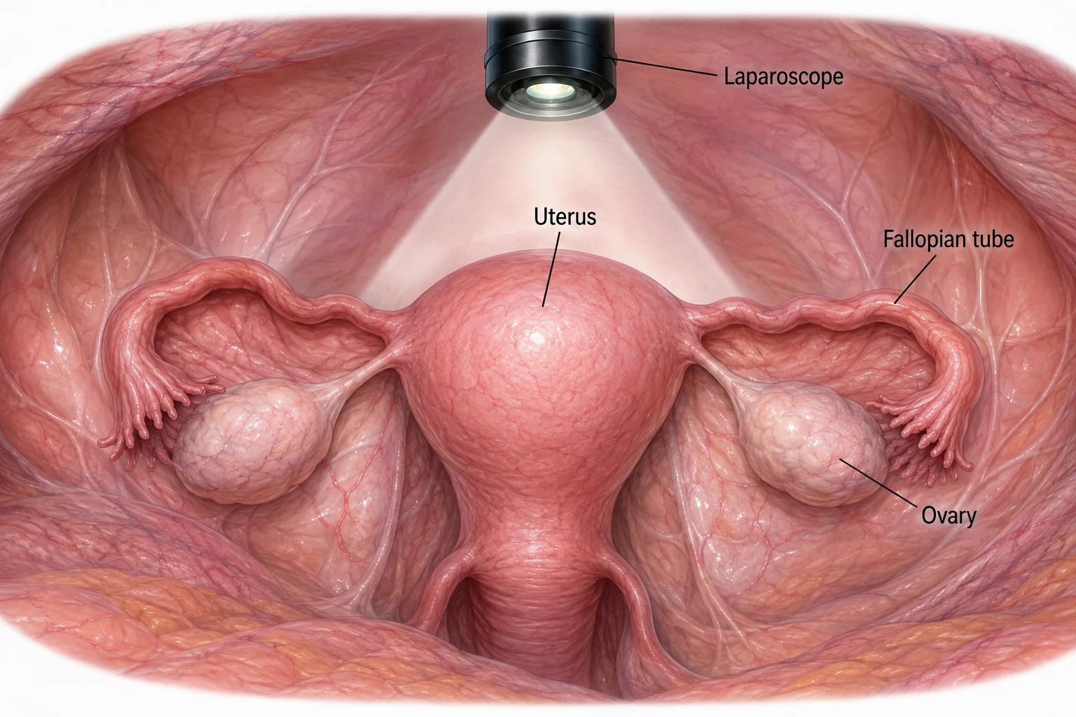 Illustrative laparoscopic view of the uterus, fallopian tubes and ovaries