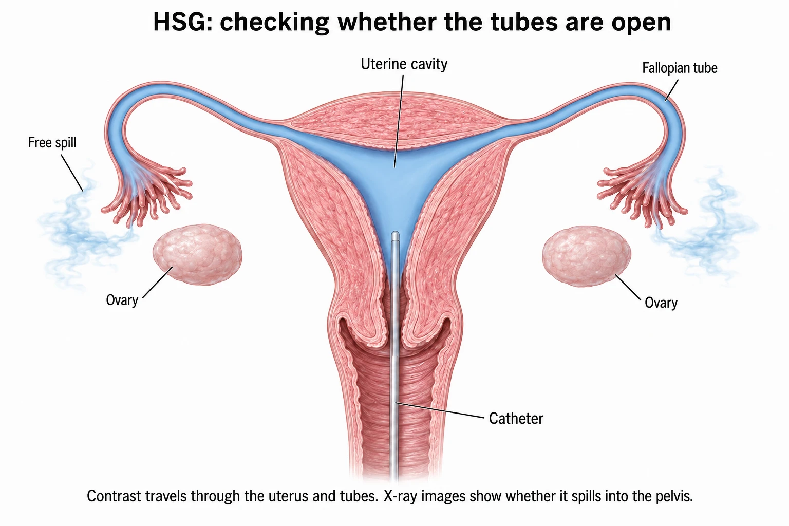 HSG illustration showing contrast introduced through the cervix filling the uterine cavity and fallopian tubes, with free spill into the pelvis beside separate ovaries