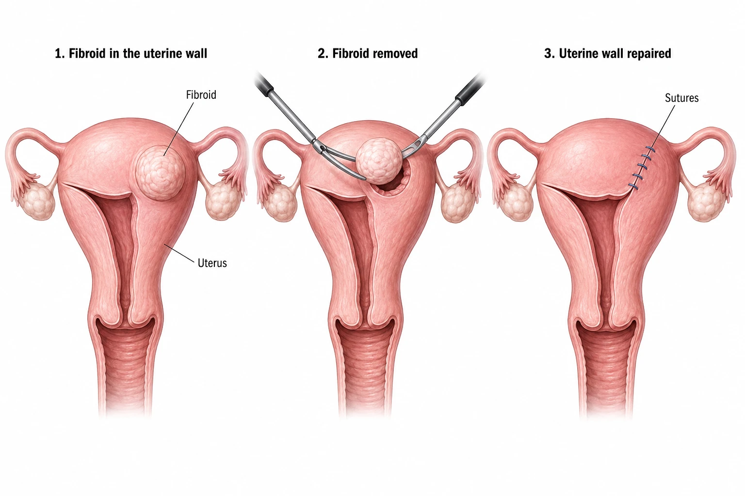 Illustrative myomectomy stages: a fibroid in the uterine wall, removal of the fibroid, and sutured repair with the uterus preserved