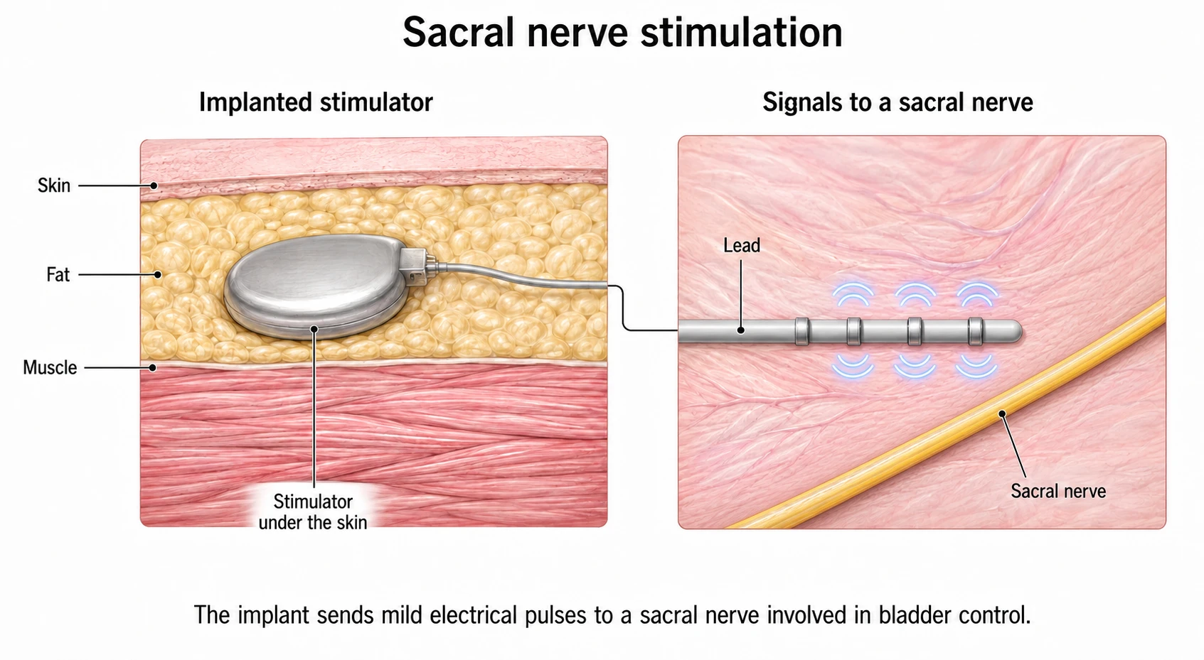 Conceptual sacral nerve stimulation diagram showing a pulse generator beneath the skin in fatty tissue and a connected electrode lead beside an intact sacral nerve