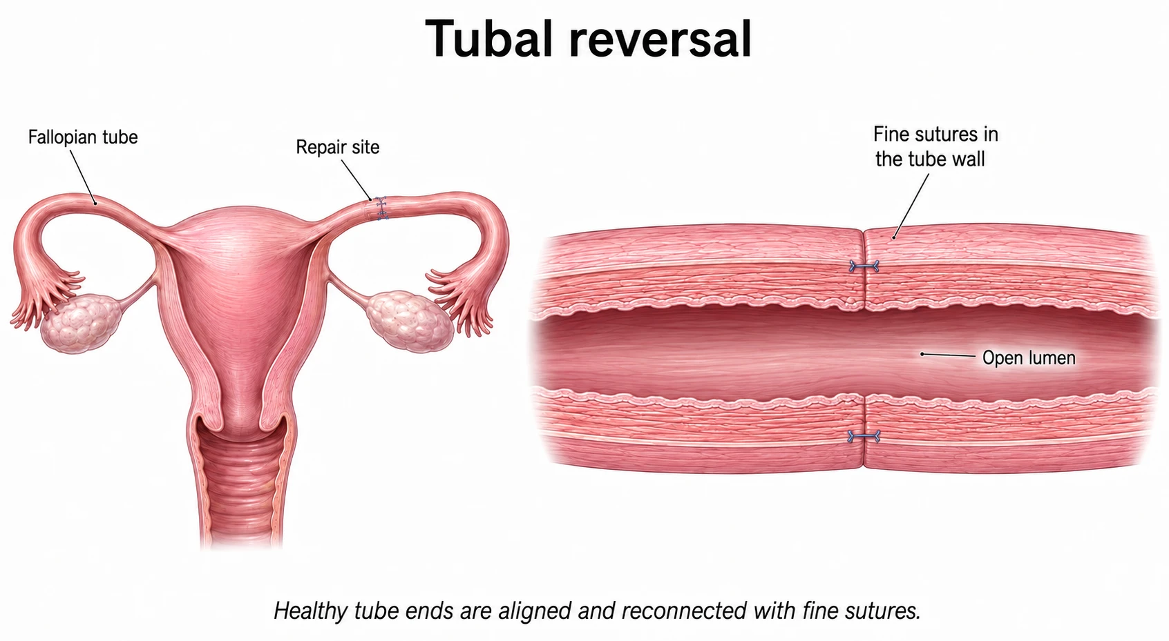 Tubal reversal diagram with a magnified cutaway showing healthy fallopian tube ends joined with fine sutures in the wall while the central passage remains open