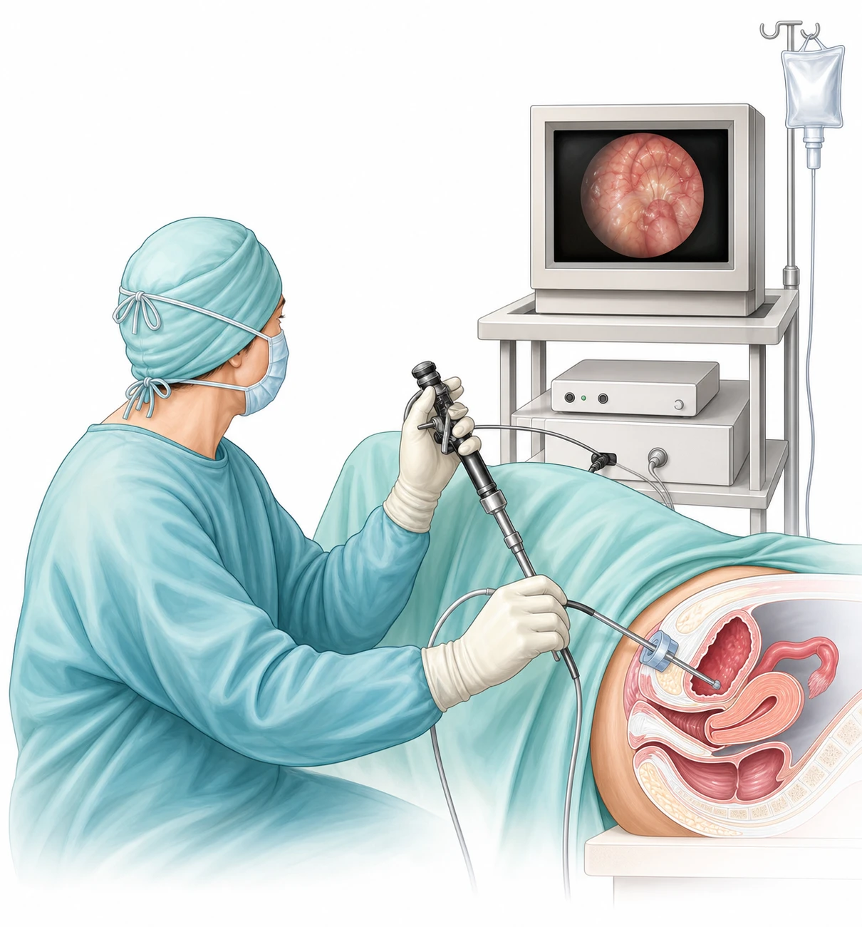 Cystoscopy procedure showing cystoscope insertion into the bladder