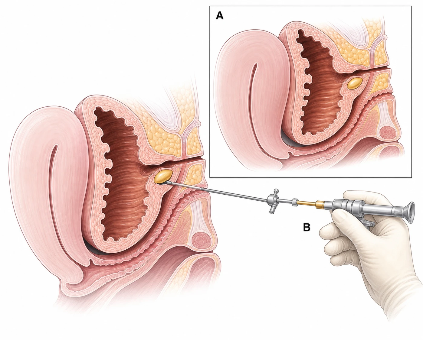 Urethral bulking injection procedure via cystoscope