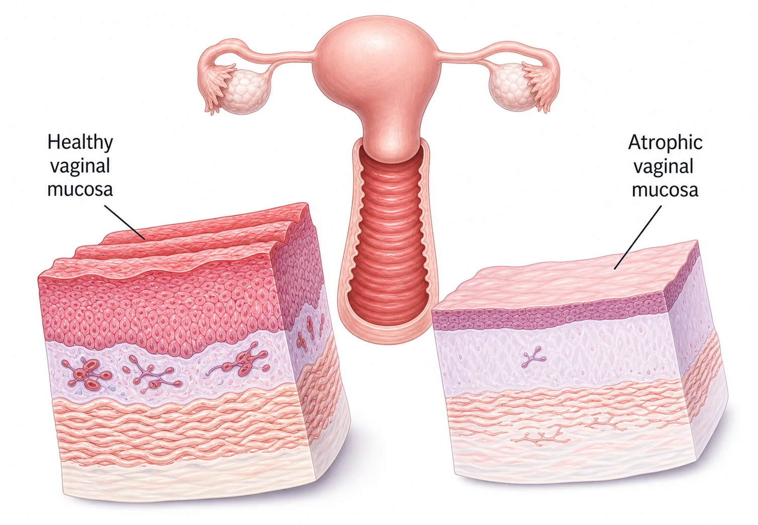 Vaginal mucosa and surrounding reproductive anatomy affected by low estrogen